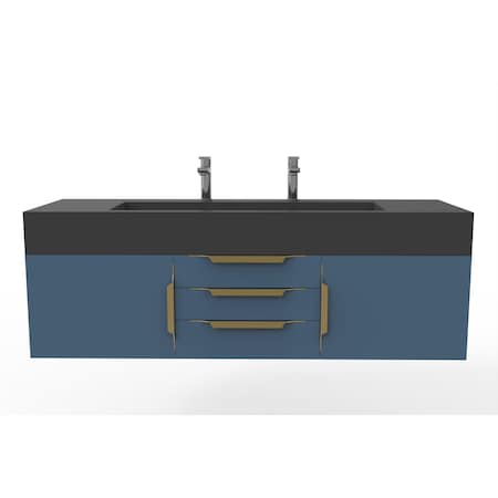 Castello Usa Nile 60" Wall Mounted Blue Vanity With Black Top And Gold Handles CB-MC-60BLU-GLD-2053-BL